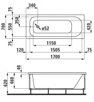 Laufen SOLUTIONS vana 1700x700x620 mm, konstrukce a L-panel levý, bílá   H2225050000001